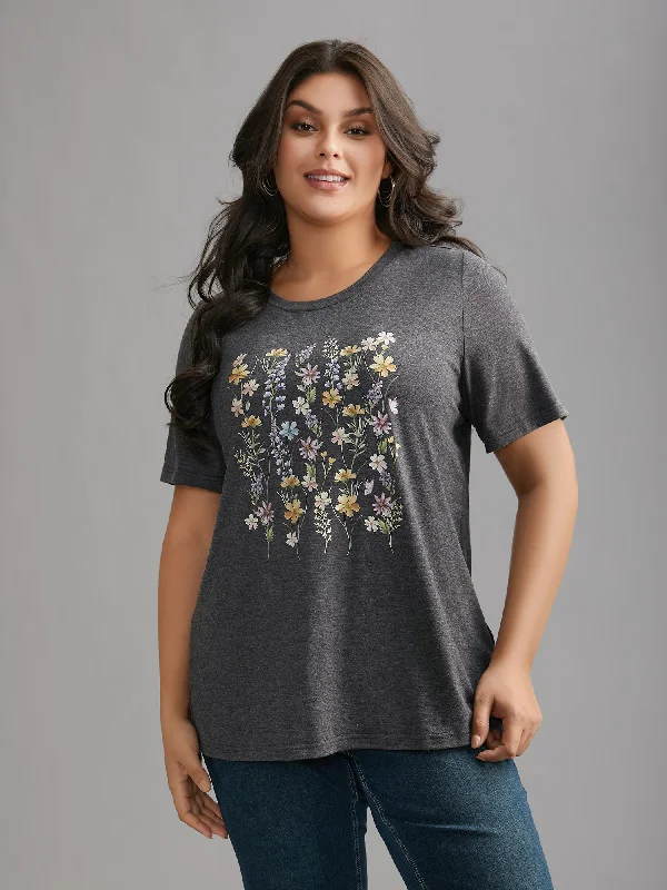 luxury women's topsFloral Crew Neck Stretchy T-Shirt