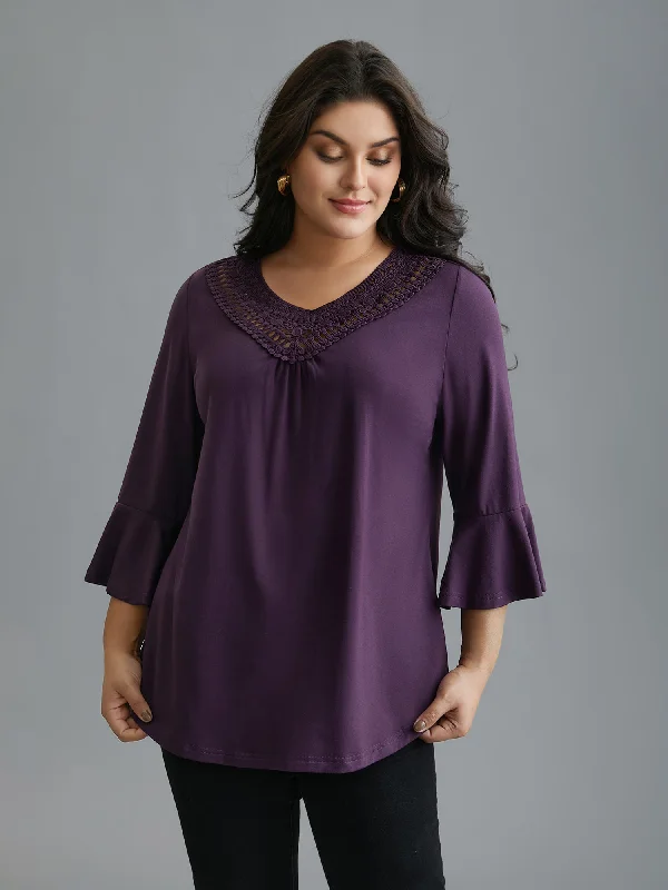 women's tops with built-in brasLace Neckline Trim Ruffle Sleeve T-shirt