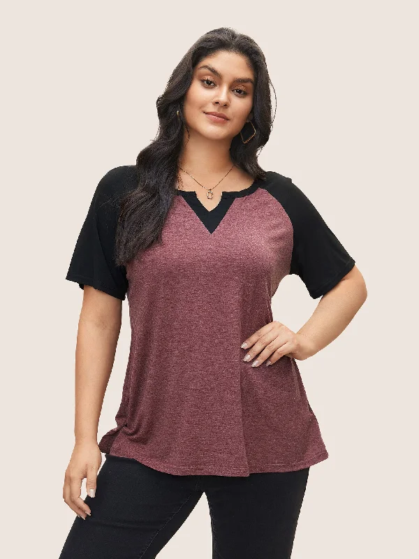 women's tops for cocktail partiesColorblock Contrast Notched Raglan Sleeve T-shirt