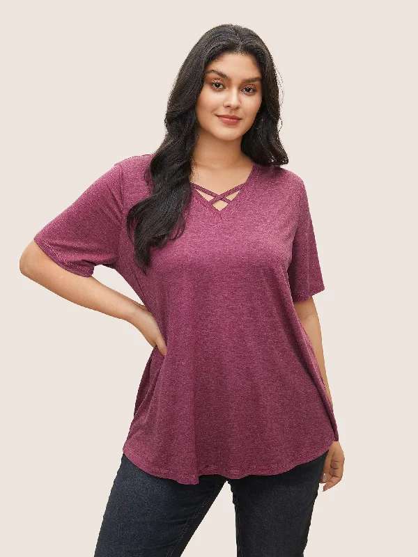 cozy women's tops for fall and winterSolid Crisscross Neck Contrast Stitch T-shirt