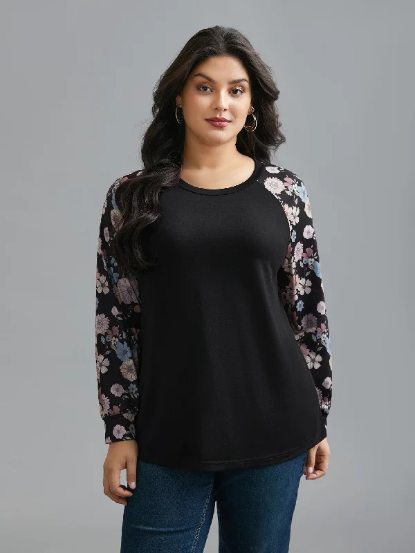 affordable women's topsFloral Raglan Sleeve Contrast Fabric T-Shirt