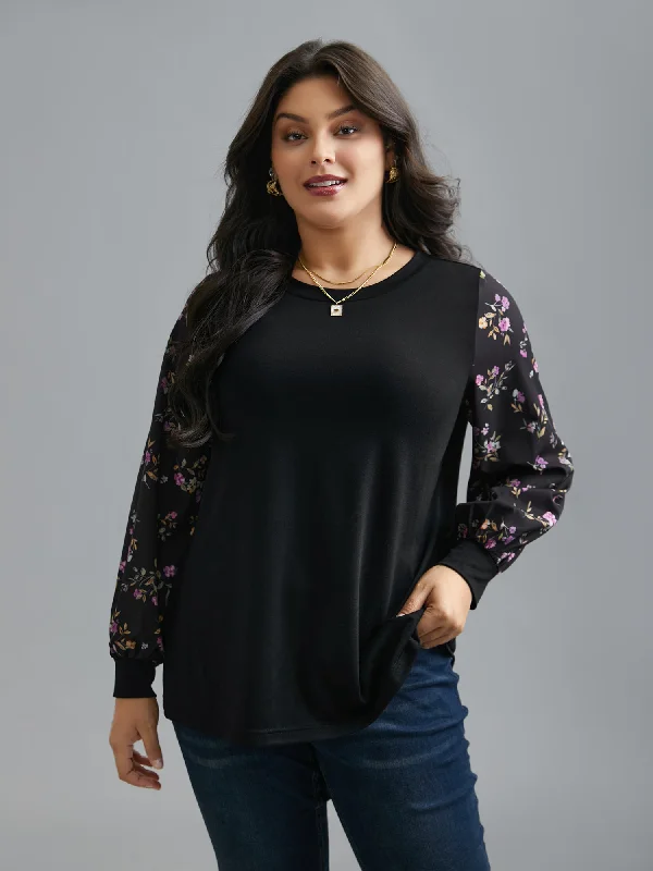 women's tops for those who want to wear versatile pieces that can be dressed up or downFloral Spliced Sleeve Stretchy T-Shirt