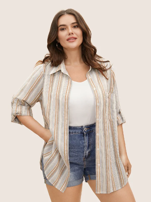 women's tops with unique designsCotton Striped Shirt Collar Tab Sleeve Blouse