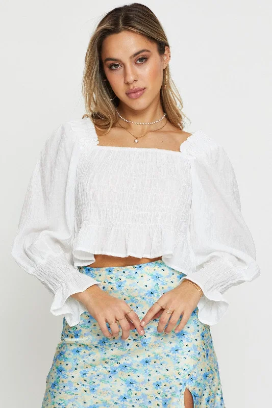 women's tops with lace-up frontsWhite Peasant Blouse Long Sleeve Crop