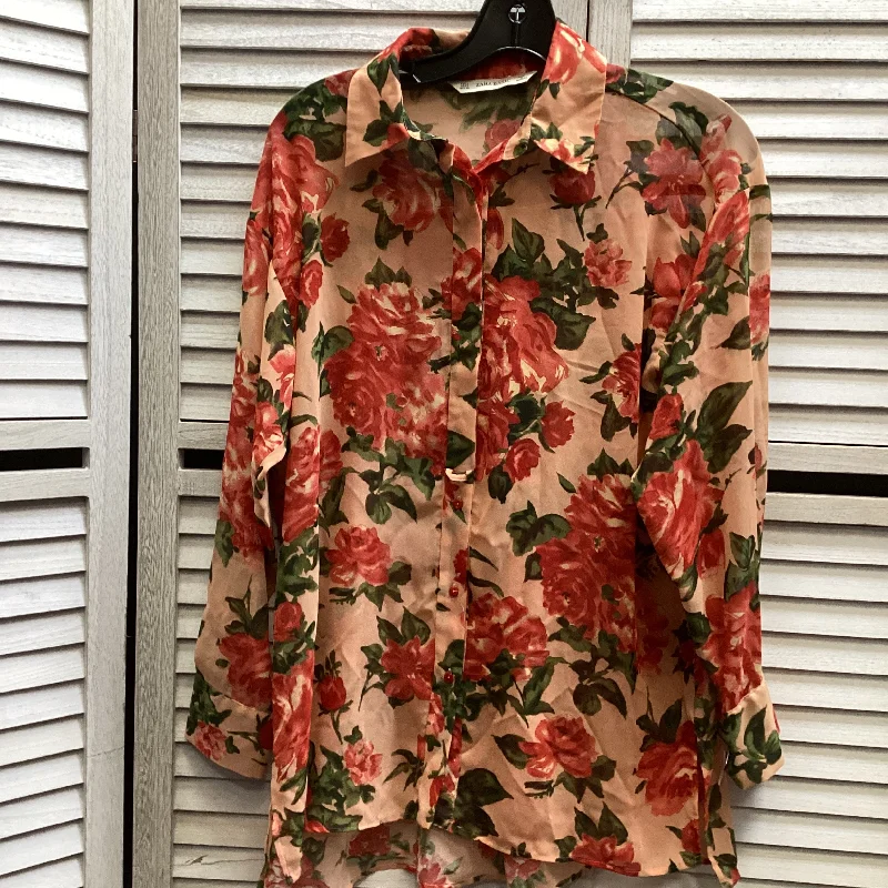 women's tops with built-in brasTop Long Sleeve By Zara In Floral Print, Size: S