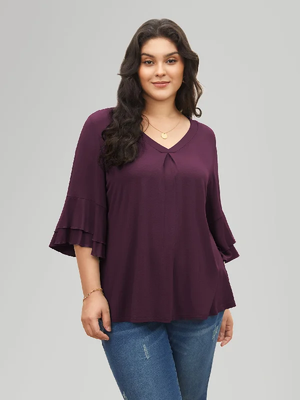 women's tops with cold-shoulder cuts and lace detailingSupersoft Essentials Ruffle Layered Sleeve Pleated T-shirt