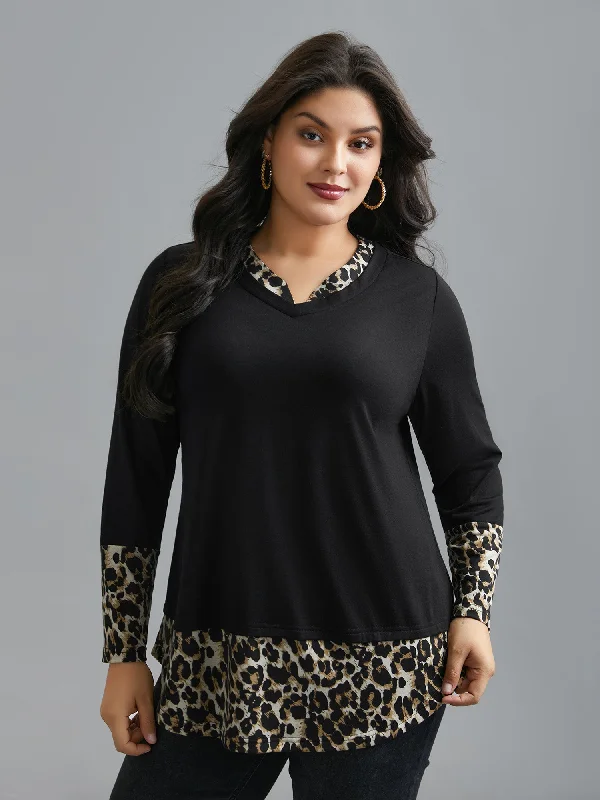 women's tops for those who love to experiment with fashionContrast Patchwork Leopard Stretchy T-shirt