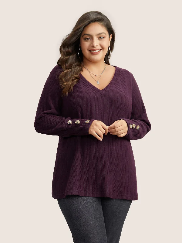 women's tops for those who want to add a personal touch to their wardrobe with unique and one-of-a-kind piecesRib Knit V Neck Button Detail T-shirt