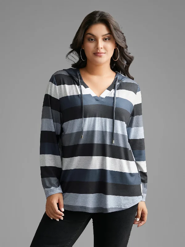 women's tops for those who love to shop for unique findsContrast Striped Hooded Drawstring T-shirt