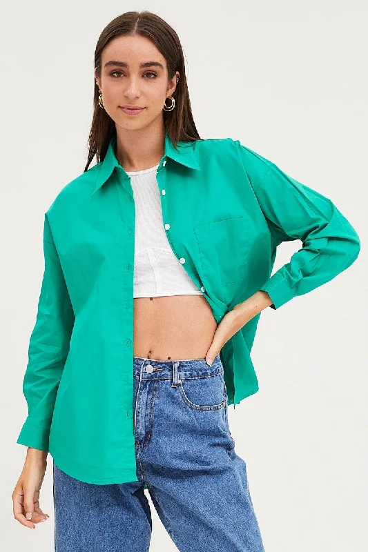 women's tops with cold-shoulder cutsGreen Relaxed Shirts Long Sleeve Button Up