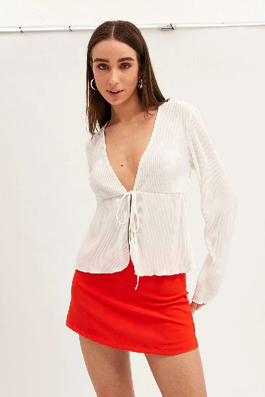 women's tops for layeringWhite Plisse Long Sleeve Tie Front Bolero