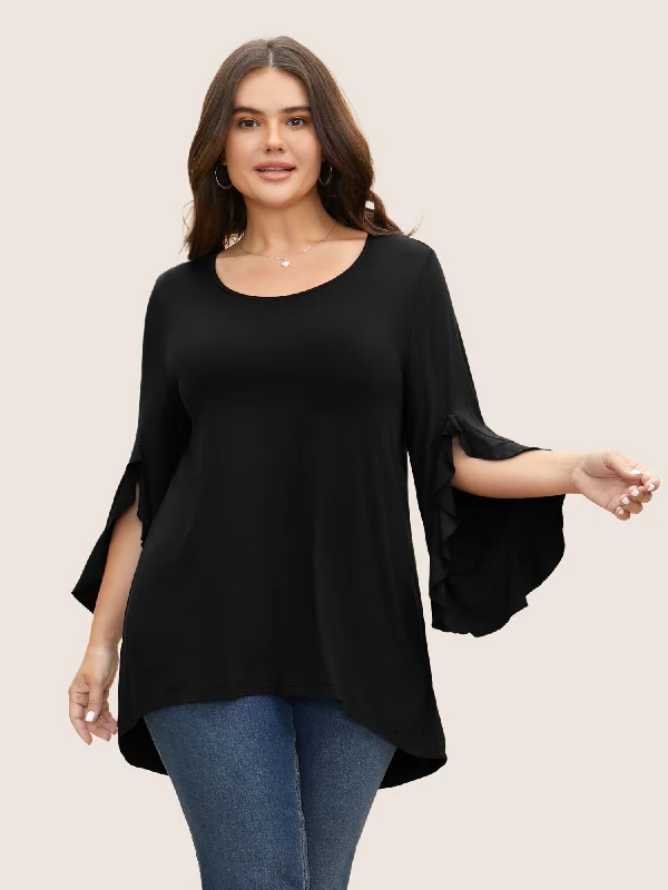 women's tops for boho-chic stylesSolid Ruffle Sleeve High Low Hem T-shirt