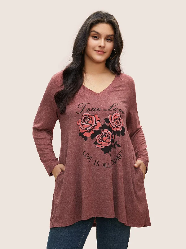 women's tops with bell sleevesRose Print Pocket Raglan Sleeve Tunic T-shirt