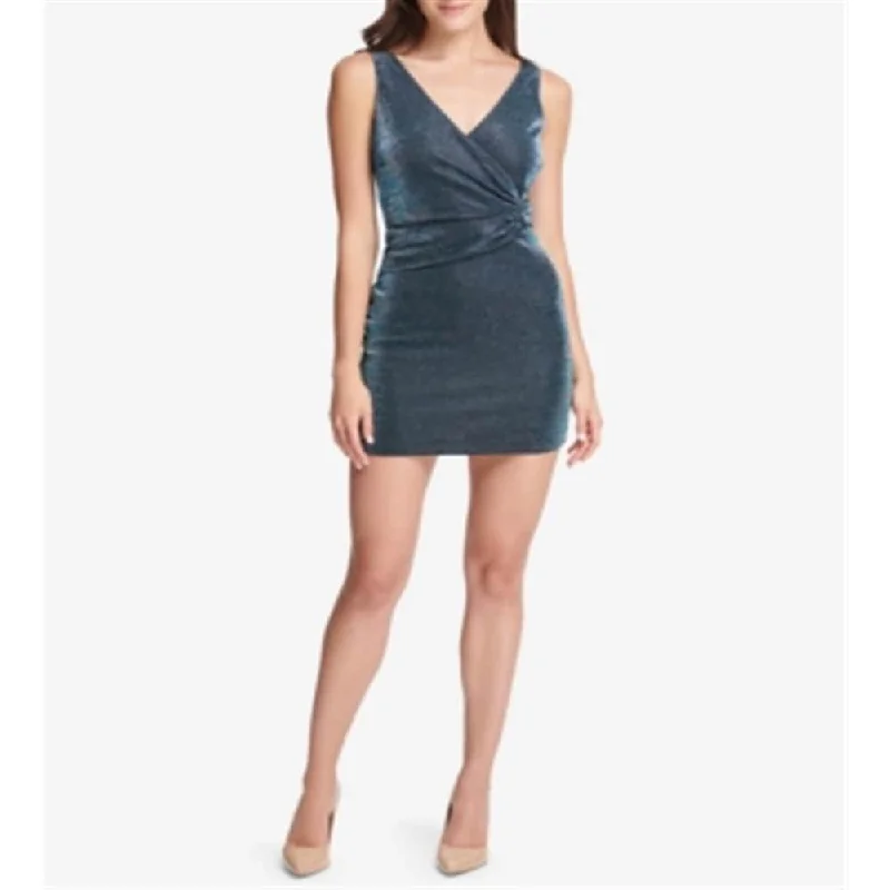 Glitter DressGuess Women's Glitter Zippered Sleeveless V Neck Micro Mini Body Con Cocktail Dress Blue Size 2