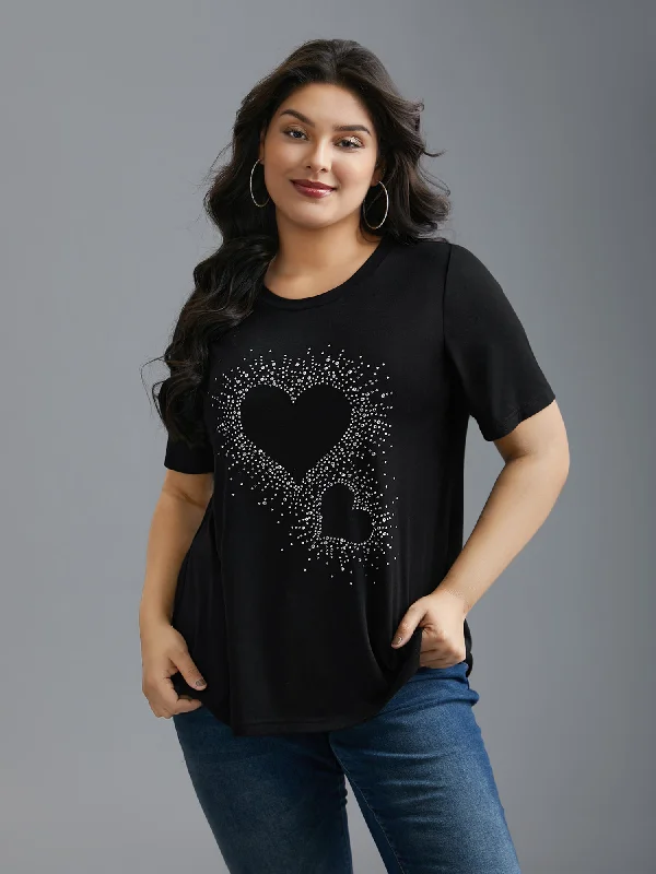 women's tops for those who seek both style and comfortCrew Neck Rhinestone Heart T-Shirt