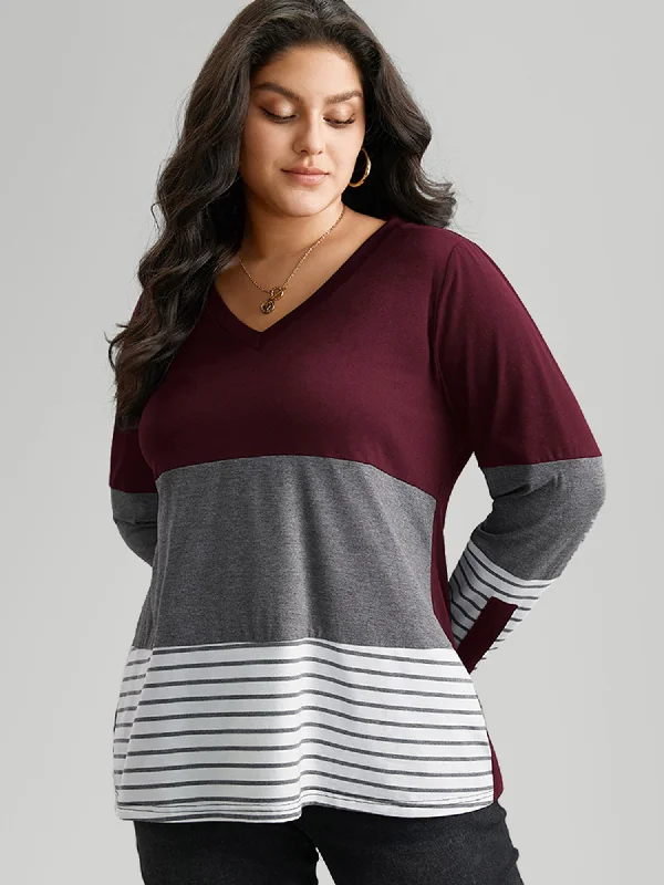 women's tops made from cottonColorblock Contrast Striped V Neck T-shirt