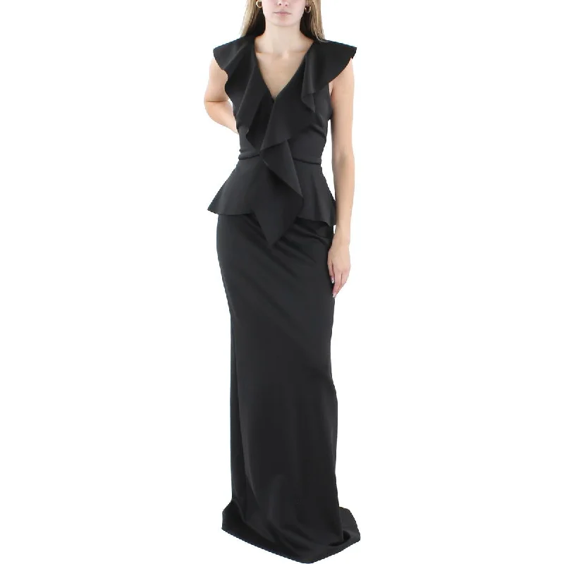 women's curve-hugging dressesBlack Halo Womens Full Length Ruffled Maxi Dress