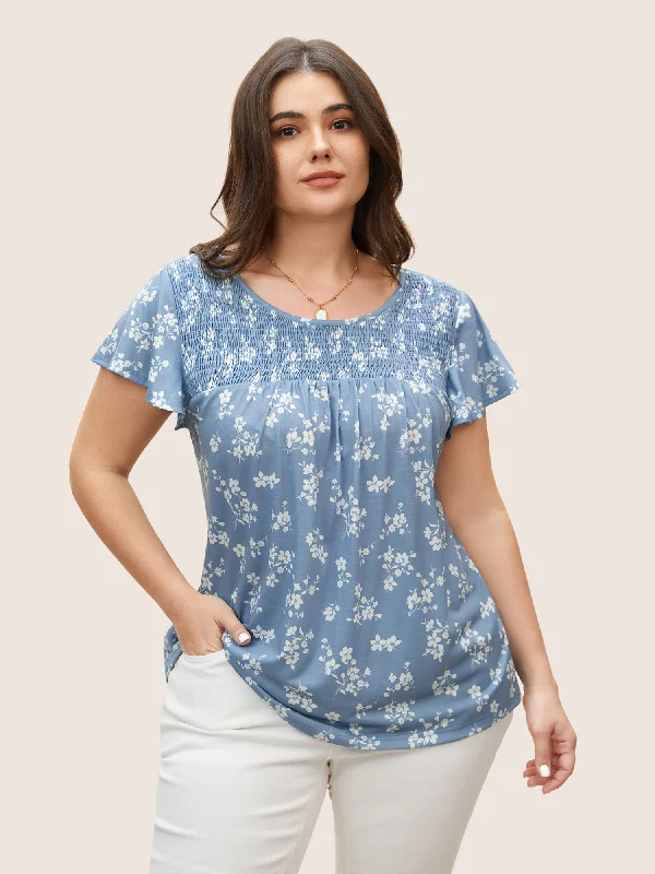 women's tops for those who appreciate subtle and muted tonesRound Neck Floral Print Shirred T-shirt