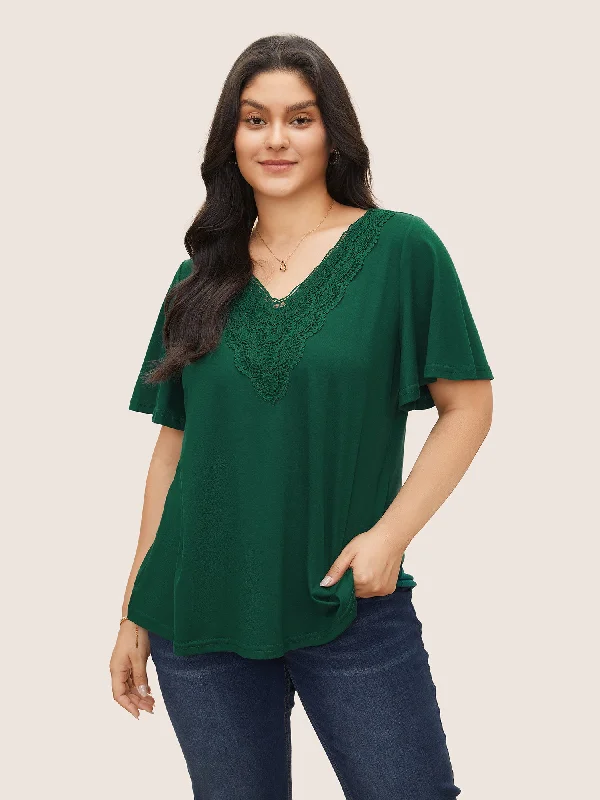 women's tops that offer a perfect blend of style, comfort, and affordabilitySolid Ruffle Sleeve Lace V Neck T-shirt