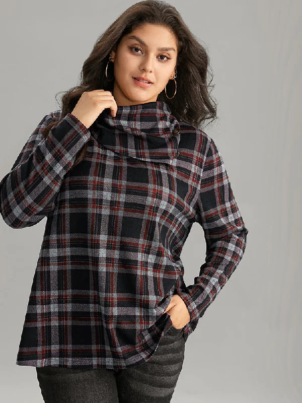 women's tops that offer a perfect blend of style, comfort, and affordabilityPlaid Funnel Neck Button Detail T-shirt