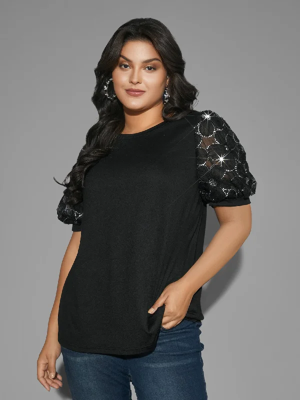 women's tops for those who want to wear pieces that are both comfortable and stylishFloral Sequin Mesh Round Neck T-shirt