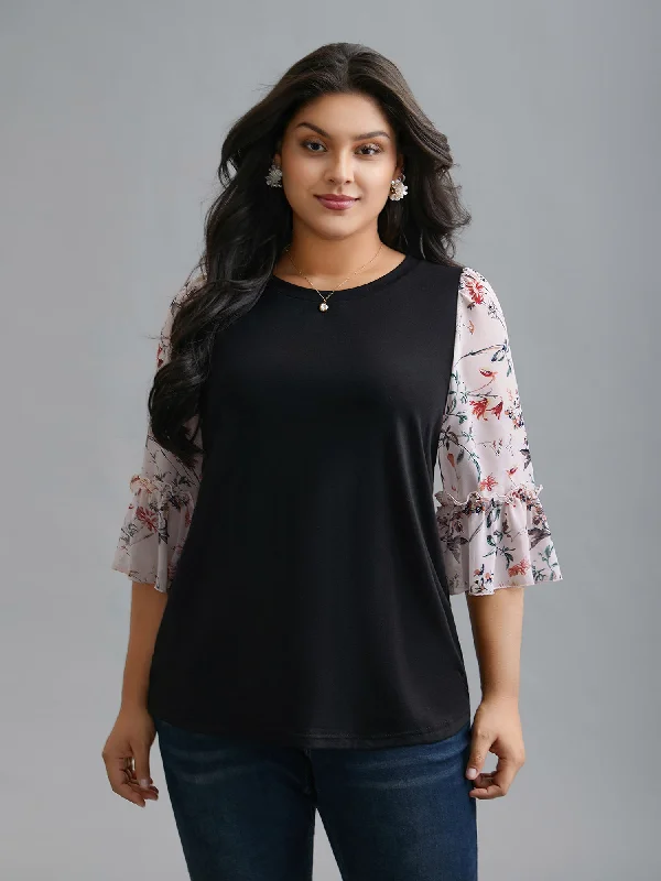 women's tops for those who want to add a touch of sophistication to their casual attireFloral Print Patchwork Ruffle Sleeve T-Shirt