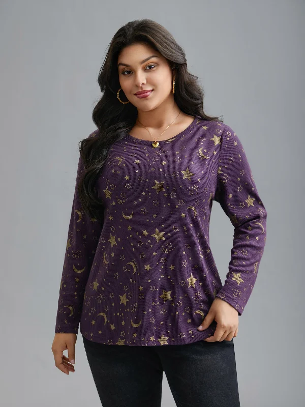 women's tops for mixing and matching with different bottomsMoon and Star Glitter Textured T-Shirt