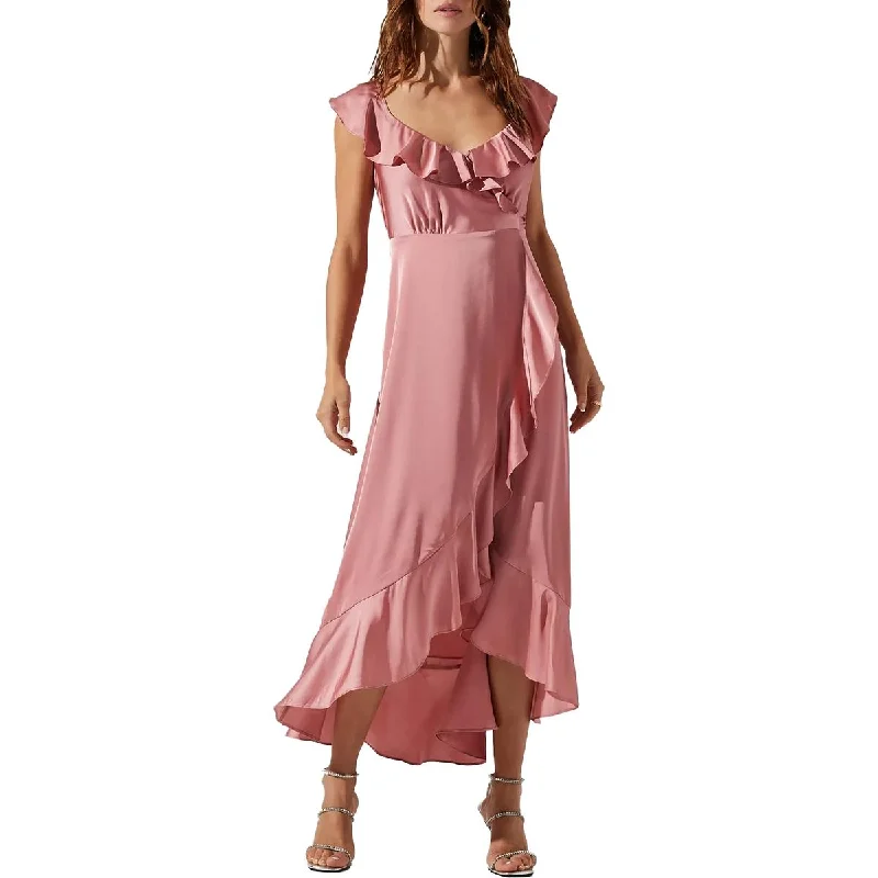 women's maximalist dressesASTR The Label Women's Satin Ruffled Maxi Wrap Dress with Deep V-Neck