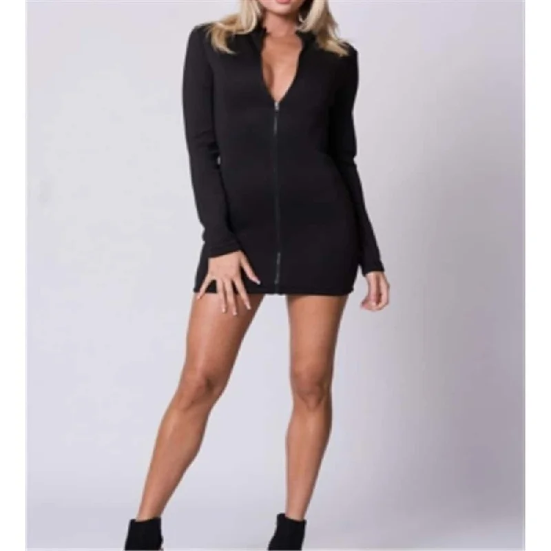 Plunging Neckline DressLux La Women's Long Sleeve Front Zipper Scuba Mini Dress Black Size SM