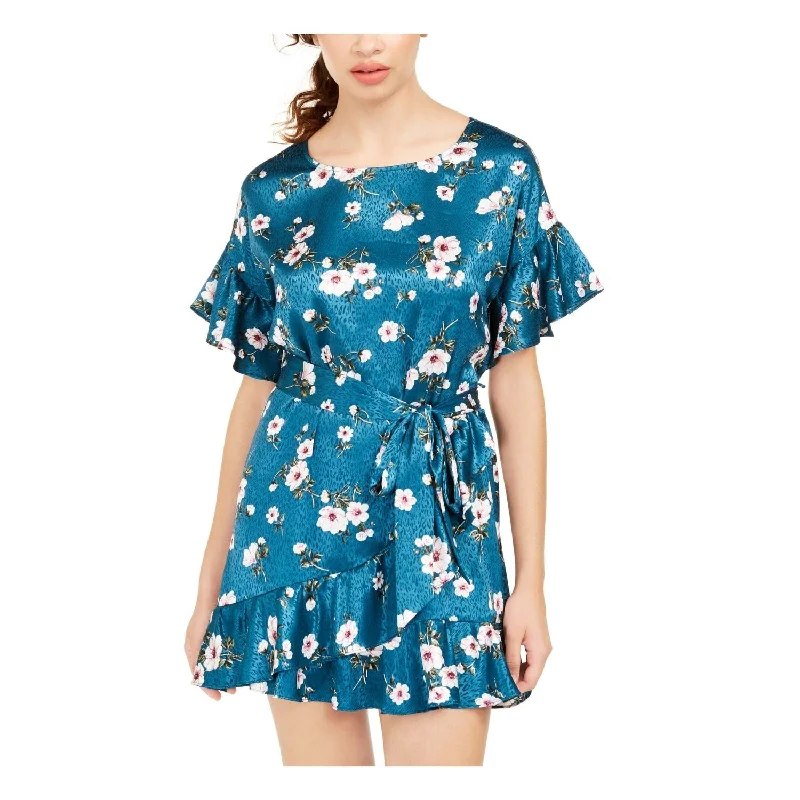 women's silk dressesSpeechless Women's Teal Floral Short Sleeve Jewel Neck Micro Mini Fit Flare Dress Blue Size Xx-Small