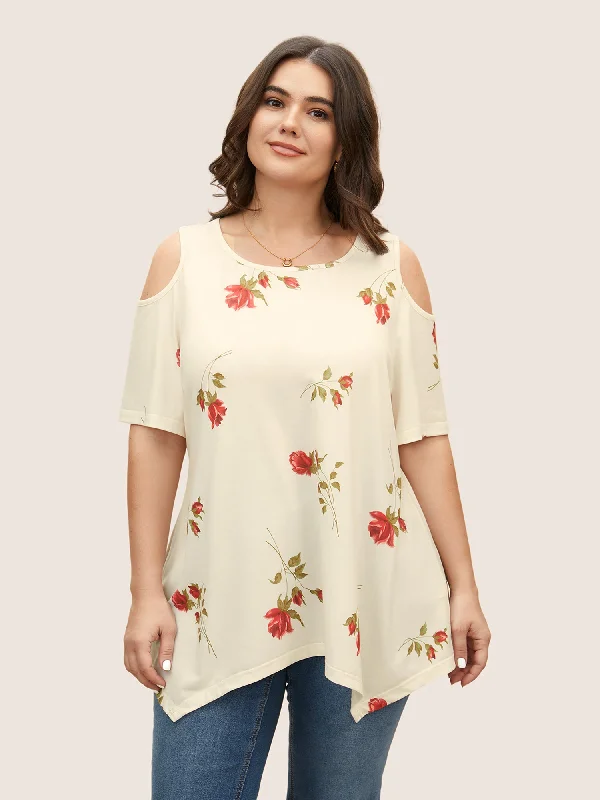 women's tops made from cottonRose Print Cold Shoulder T-shirt