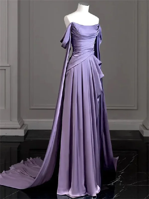 women's casual Friday dressesElegant Purple Off Shoulder A-Line Satin Long Formal Party Dress MD7350