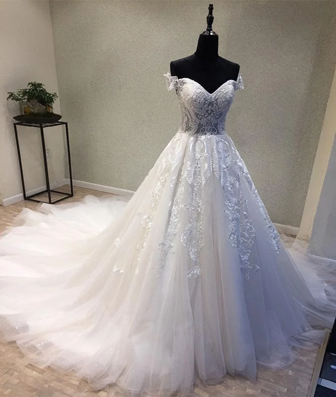 women's high-low dressesWhite sweetheart tulle lace applique long prom dress, wedding dress M4849