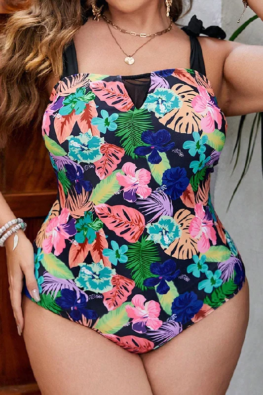 UPF Protection Female SwimwearPlus Size Leaves Floral Print Wide Strap One Piece Swimsuit