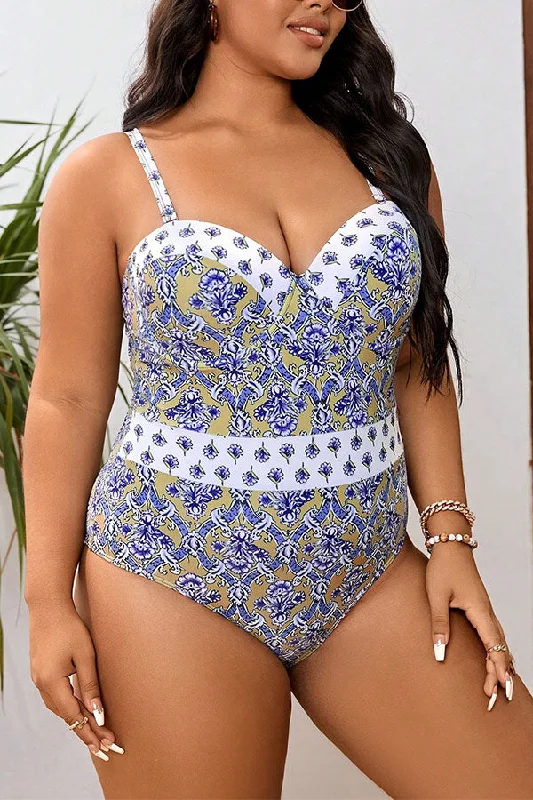 Solid Female SwimwearPlus Size Boho Floral Print V Neck One Piece Swimsuit