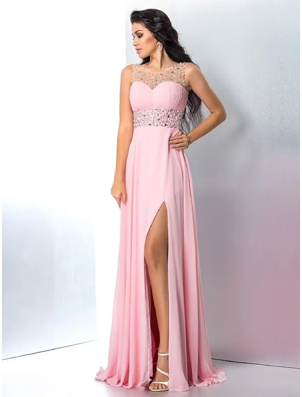 women's bell-sleeved dressesA-Line Prom Dresses Sparkle Shine Dress Party Wear Sleeveless Jewel Neck Chiffon with Rhinestone Slit