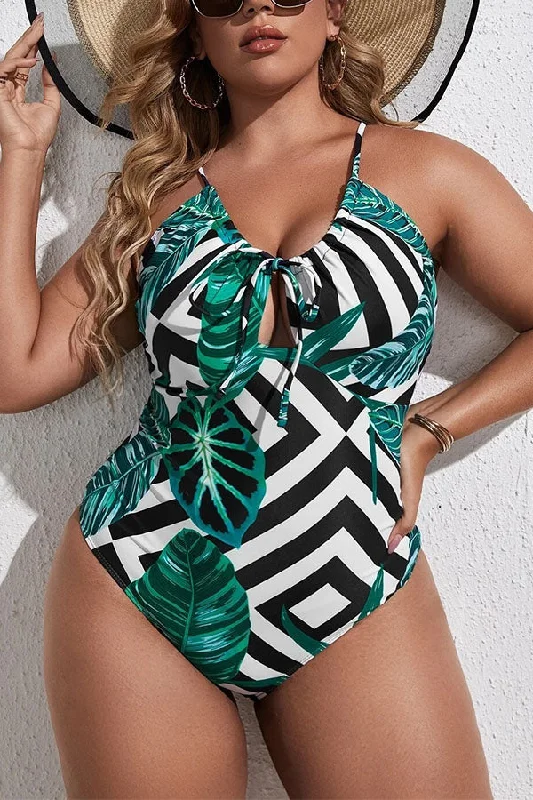 Recycled Female SwimwearPlus Size Leaves & Stripe Tummy Control One Piece Swimsuit