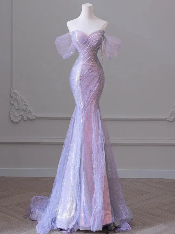 High-Neck DressLight Purple Off Shoulder Mermaid Tulle Long Prom Dress Party Gown MD7371