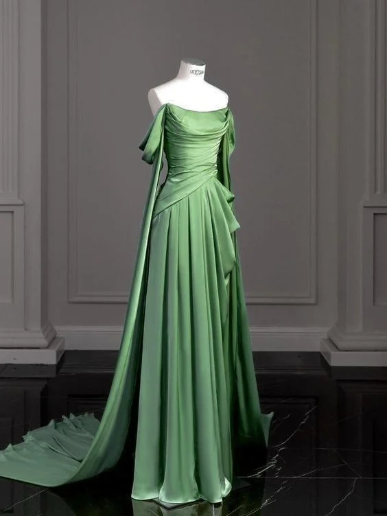 women's vintage dressesGreen Off Shoulder A-Line Satin Long Formal Party Dress MD7348