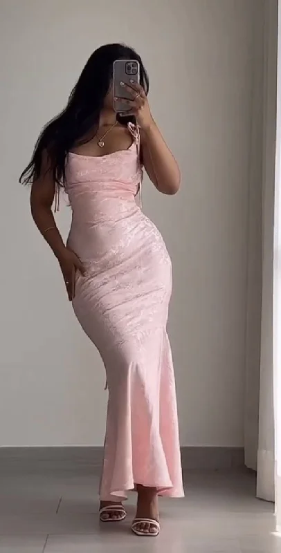 Glitter DressElegant Pink Straps Mermaid Satin Long Formal Party Dress MD7320