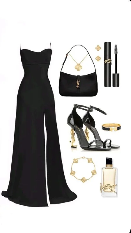 women's satin dressesClassy Black Spaghetti Straps Satin Long Party Dress with Slit MD7304