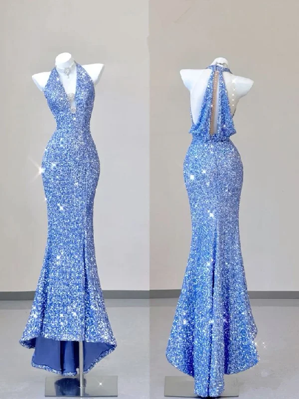 Jersey DressBlue V Neck Halter Sequins Sheath Long Party Dress Birthday Outfits MD7376