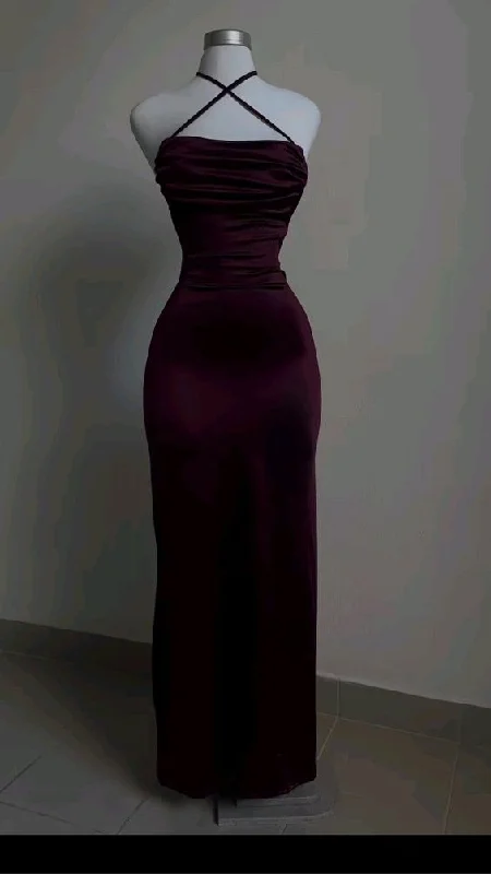 Peplum DressBurgundy Straps Open Back Satin Long Party Dress Birthday Outfits MD7384