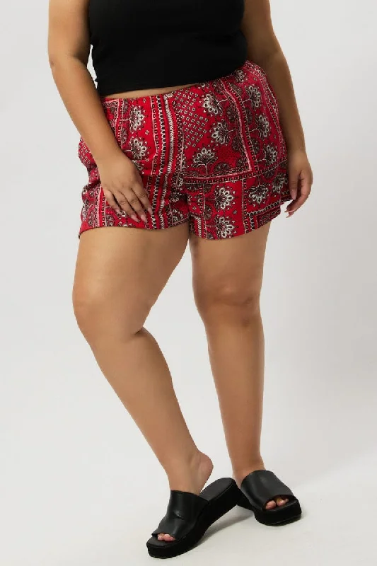 women's drawstring shortsRed Boho Elastic Waist Shorts