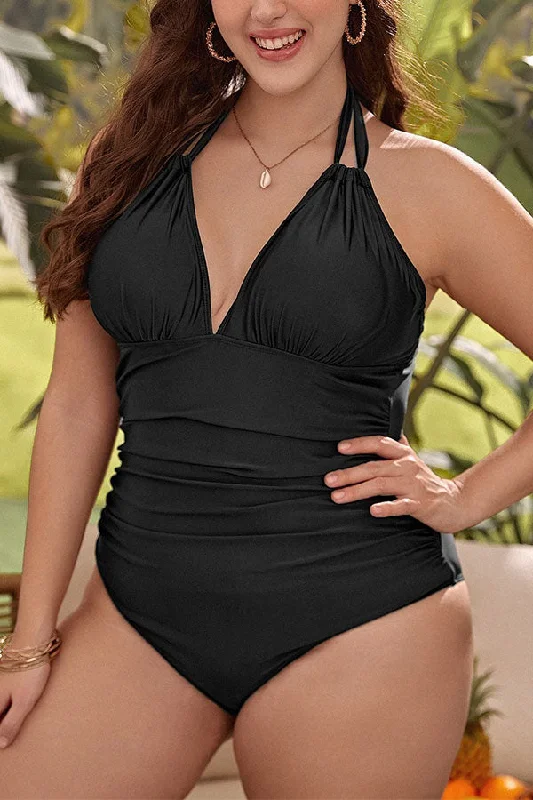 Kaftan Female SwimwearPlus Size Black Solid Color V Neck Ruffle Ruching One Piece Swimsuit