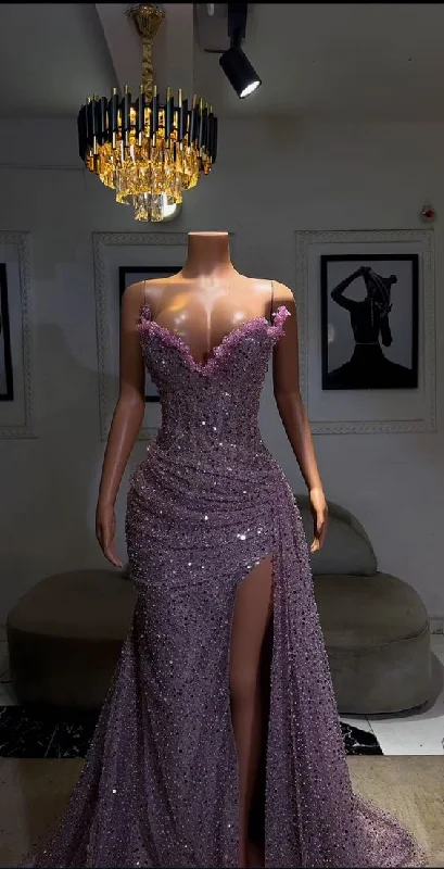 Velveteen DressGorgeous Sweetheart Sheath Purple Sequins Long Evening Party Dress MD7323