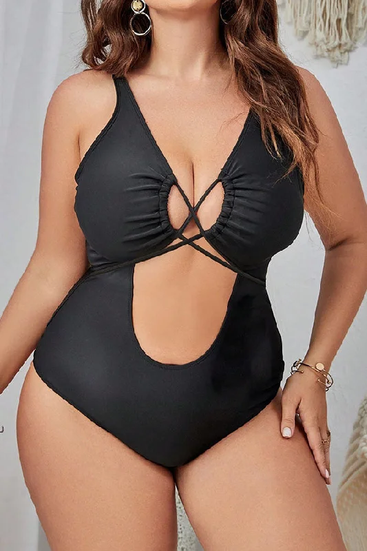 Glittery Female SwimwearPlus Size Black Solid Color Lace Up Cut Out One Piece Swimsuit