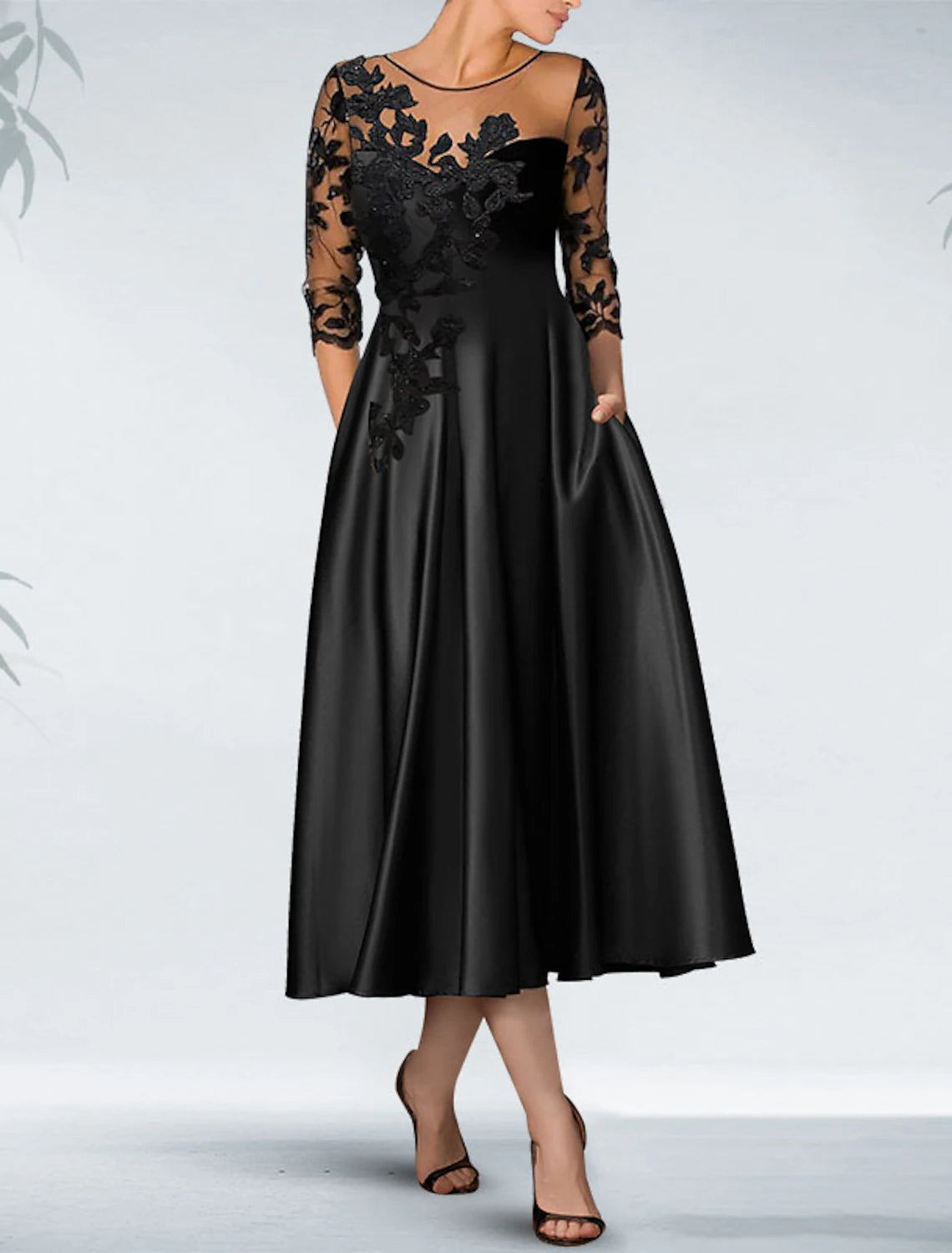 Petite DressA-Line Cocktail Dresses Elegant Dress Formal Wedding Guest Knee Length 3/4 Length Sleeve Off Shoulder Pocket Satin with Beading Appliques Pocket