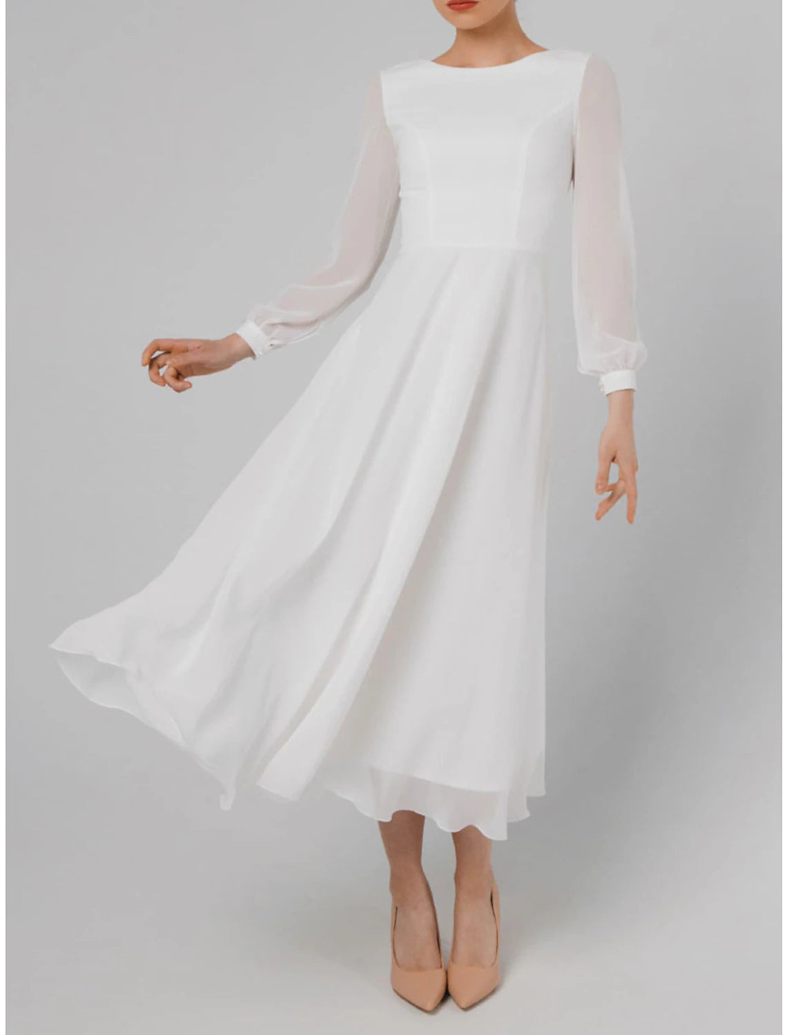 Nursing DressA-Line Cocktail Dresses Little White Dresses Dress Wedding Reception Tea Length Long Sleeve Jewel Neck Fall Wedding Guest Cotton V Back with Ruffles Pure Color