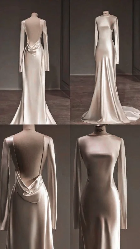 women's sustainable dressesIvory Long Sleeves Backless Sheath Satin Elegant Wedding Dress, MD7999